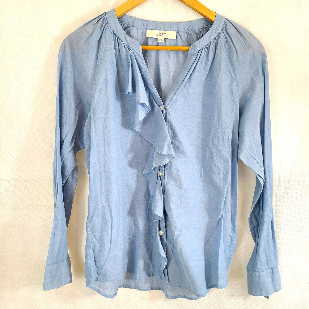 Loft Chambray Ruffled Vneck Blouse